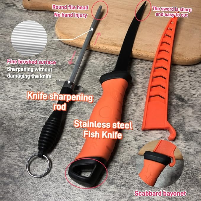 Fishing Knife Set, Fish Cleaning Kit, Filet Knife for Fish, Fish Scale Cleaning Brush, Multi-Functional Scissors, Gloves, Fishbone Tweezers, Storage Bag,Fishing Accessories,Fishing Tool Kit