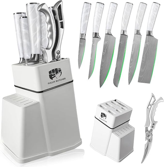 FULLHI 8pcs block Knife Set,chef's Knves Set with Block and Sharpener, Kitchen Knife Set,Multi-colour Handle, Gifts for Men Women