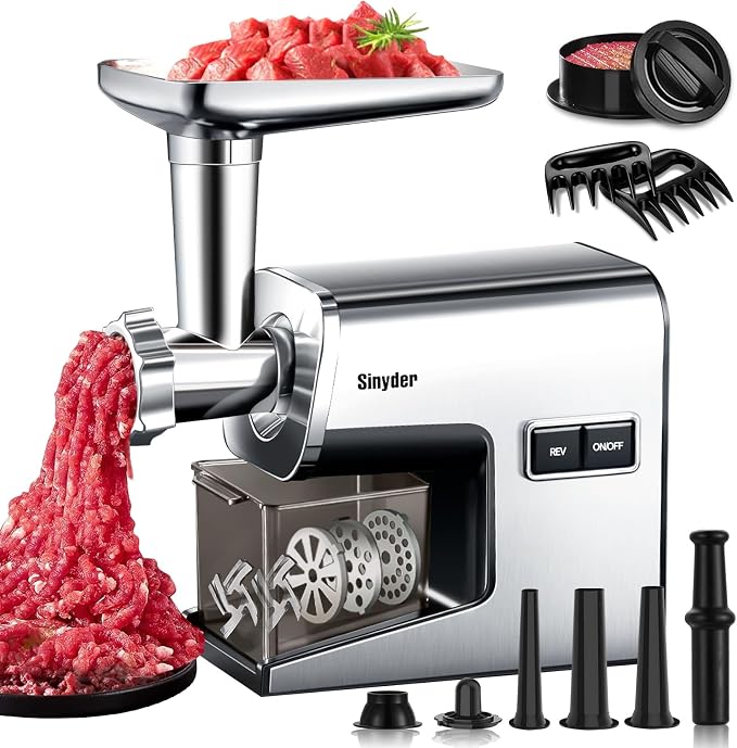 Sinyder Electric Meat Grinder, 3000W Max Stainless Steel with Meat Claws | Pure Copper Motor, Metal Gears, Stainless Steel Body,Meat Claws, 2 Blades & 3 Plates,Sausage Stuffer Tubes & Kubbe Kit