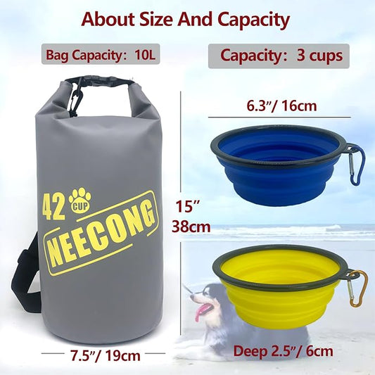 Dog Food Travel Bag With Collapsible Travel Big Bowls(800ml), 42 Cup Dog Food Storage System for Camping, Daily -10L Dog Food Dry Bag
