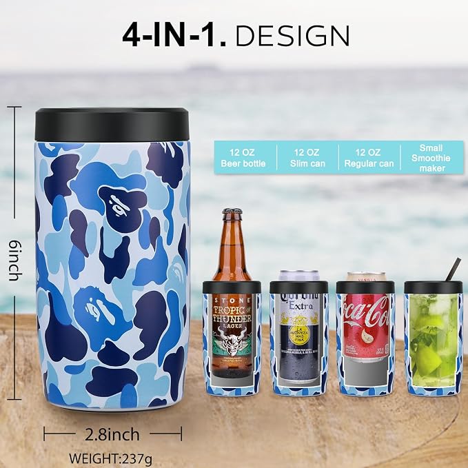 4-in-1 Slim Can Cooler Easy to Hold Insulated Beer Can Holder Double-walled Stainless Steel for All 12 Oz Cans (Camouflage Blue)