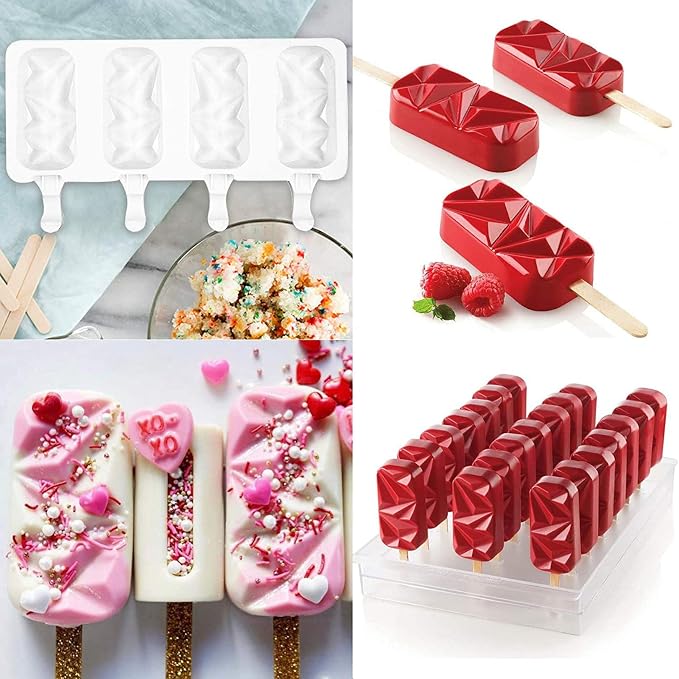 Vilihkc 2 Pack Popsicle Molds 4 Cavities Homemade Silicone Popsicle Molds for Kids Ice Pop Molds with 50 Wooden Sticks for DIY Ice Popsicle