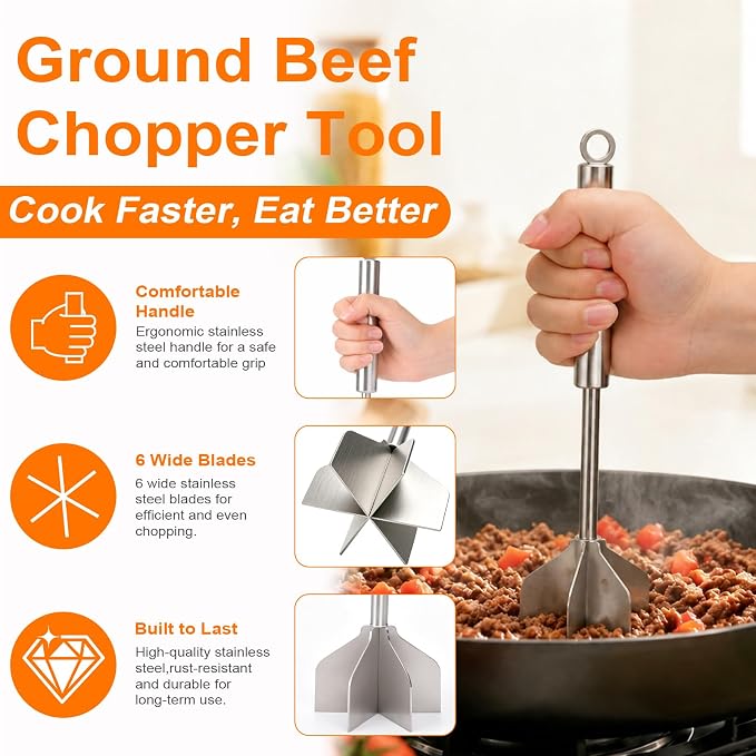 Palksky Meat Masher, 11 Inch Stainless Steel Ground Beef Masher with 6-Blade Head, Heavy Duty Meat Chopper for Ground Beef, Hamburger Smasher Tool for Potatoes, Chicken and Meal Prep