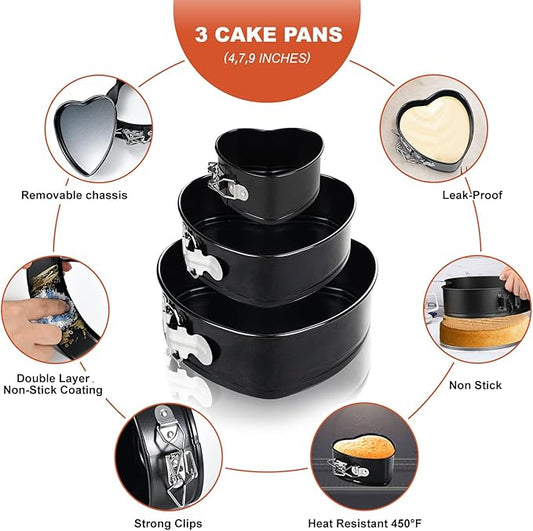 4"+7"+9" Non-Stick Cheesecake Pan, Springform Cake Pans Leakproof Heart Cake Pan, Removable Bottom Quick Release Latch Moulds for Birthday Cake