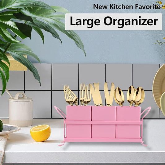 Metal Silverware Caddy,3 Compartment Utensil Holder With Metal Rack,Utensil Caddy Flatware Cutlery Organizer for Countertop Party Picnic Camping Outdoor Pink