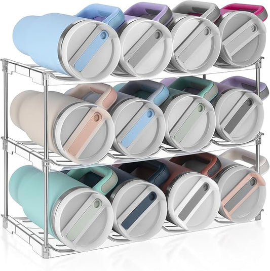 Stackable Water Bottle Organizer Large Compartment Water Bottle Holder | Tumbler Organizer for Stanley 40 oz Cup, Kitchen Cabinet Storage Organizer for Stanley Cup Accessories, 3 Tier Hold 12 Bottle