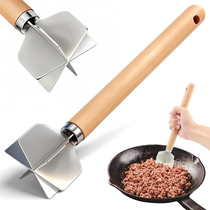 304 Stainless Steel Meat Chopper, 6-Blade Heavy Duty Ground Beef Meat Masher, 11 Inch Food Grade Hamburger Smasher Metal Kitchen Tool for Vegetable Puree Cooking
