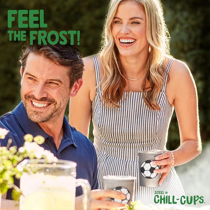 Steel Chill Cups 16 oz. Reusable Party Cups, Soccer, Green, 12 Count | Made in USA from Steel these durable cups chill fast & keep your drink cold for longer, 100% recyclable for sustainablity