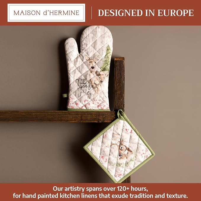 Maison d' Hermine 100% Cotton Oven Mitt & Pot Holder Set (7.5"x13" & 8"x8") | Heat Resistant BBQ Cooking Gloves with Loop Baking Grilling Kitchen Home Farmhouse Thanksgiving Christmas - Mountain Life