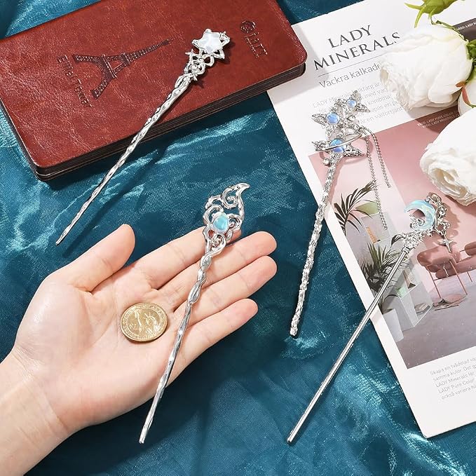 SUNNYCLUE 1 Box 4Pcs 4 Styles Moon Hair Pin Stick Chinese Hanfu Hair Sticks Silver Star Butterfly Heart Alloy Resin Asian Vintage Metal Tibetan Chopsticks for Chinese Hanfu Long Hairstyles DIY Decor