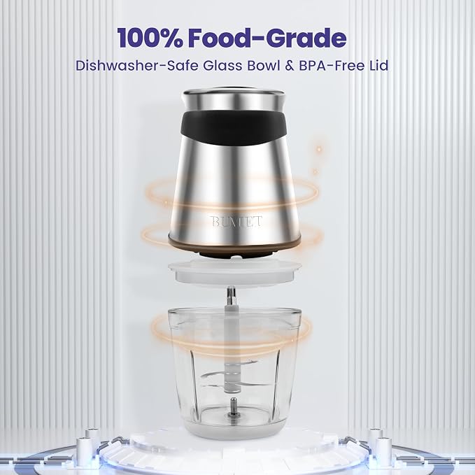 BUMET 500W Mini Chopper 2.5-Cup Glass Bowl Steel Blades | stainless steel blade and BPA free great for Small-batch chopper for meat, veggies & baby food. Compact & easy-clean.