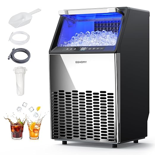 EUHOMY Commercial Ice Maker Machine,110lbs/24H Stainless Steel Under Counter Ice Machine with 33lbs Storage Bin, Freestanding Ice Maker for Home/Bar/Cafe/Restaurant(Mirror-Polished Stainless Steel)