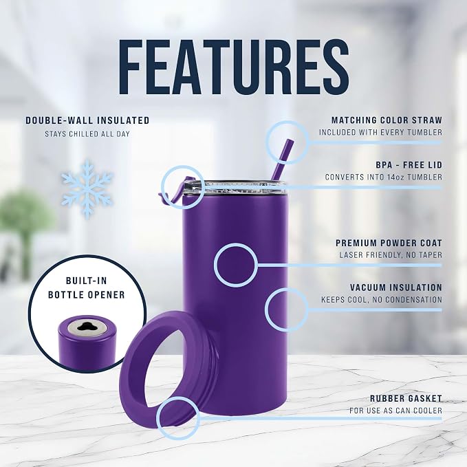 4 in 1 Universal Can Cooler - Purple, Can Holder Insulated, Beer Bottle Cooler, Universal Holder for All Drink Sizes, Stainless Steel Insulated Tumbler, Tailgating Accessories