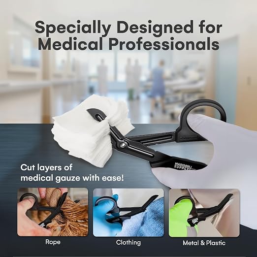 7.5 Inches Premium Stainless Steel Trauma Shears for Left and Right Hand - Non-Stick Coated Blades Medical Scissors - Durable Fluoride-Coated Nurse Scissors - Black