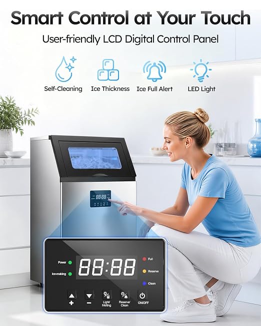 Commercial Ice Maker Machine, 200 lbs/24H with 50 lbs Storage Bin, 55 Clear Ice Cubes/Cycle, ETL Approval Stainless Steel Undercounter Ice Machine with Self-Cleaning & Water Filter for Home, Bar