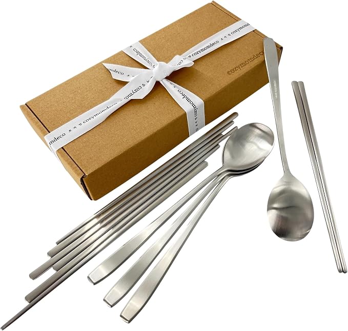 Korean Made Stainless Steel Silver Utensil Flatware Cutlery Korean Chopsticks and Spoons 4SET Gift for Mom, Stocking Stuffer