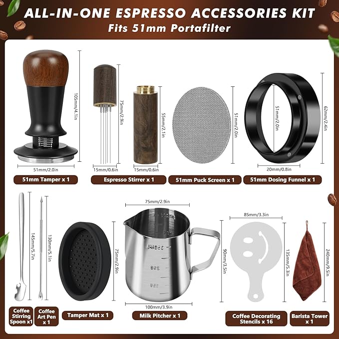Y-Step 51mm Espresso Accessories Kit, 25 PCS Espresso Tamper Kit Coffee Tamper Set, with 51mm Espresso Tamper, Puck Screen and Dosing Funnel, WDT Tool, Latte Art Kit, Espresso Tools for Barista