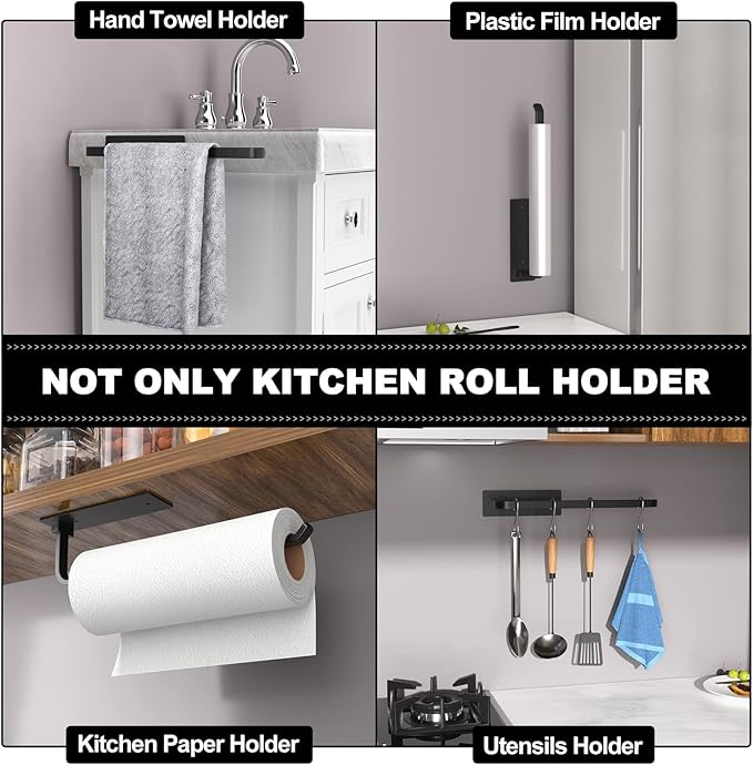Paper Towel Holder - Self-Adhesive or Drilling, Matte Black | Under-Cabinet or Wall-Mounted | Kitchen Roll Dispenser | Upgraded Aluminum | Lighter Yet Stronger Than Stainless Steel