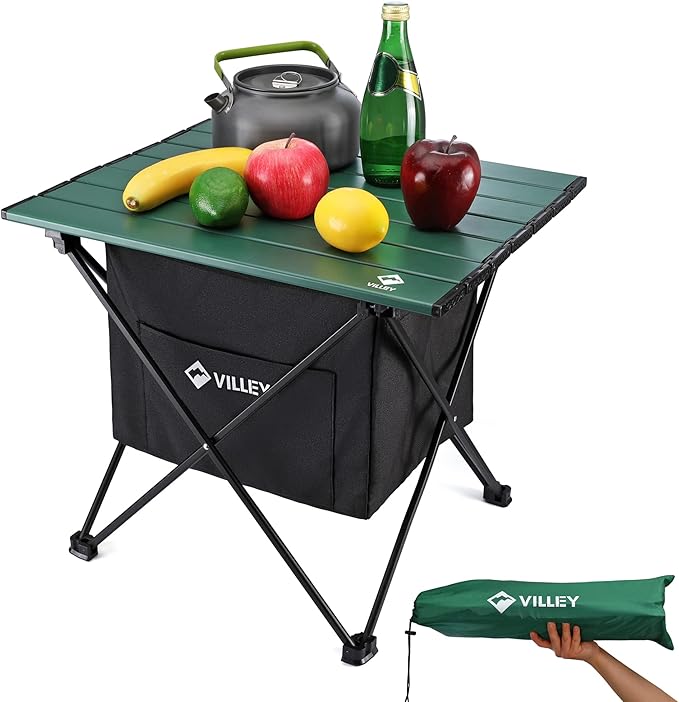 VILLEY Portable Camping Side Table, Ultralight Aluminum Folding Beach Table | Lightweight & Portable, Under-Table Storage Hammock, Carry Bag for Camping, Beach, Picnic, Boat & Travel