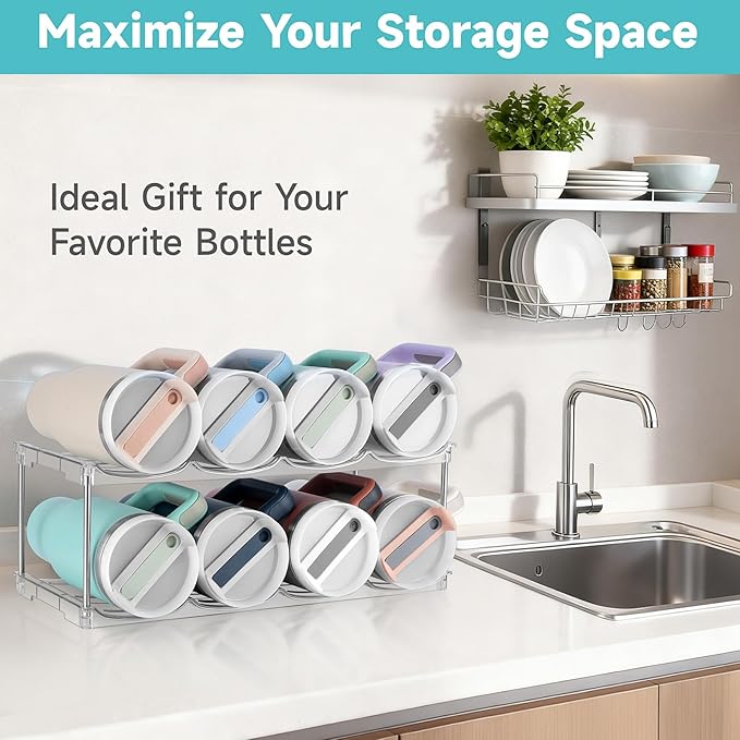 spospo Stackable Water Bottle Organizer Large Compartment Bottle Holder | Tumbler Organizer for Stanley 40 oz Cup, Kitchen Cabinet Storage Organizer for Stanley Cup Accessories, 2 Tier Hold 8 Bottle