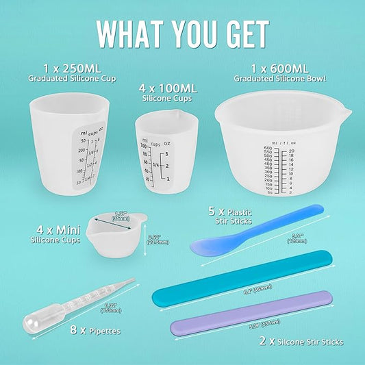 Silicone Resin Mixing Measuring Cups for Resin Supplies, Easy-to-read Marks, 600ml/20oz Bowl, 250&100ml Thickened Reusable Silicone Cups for Epoxy Mixing, with Stir Sticks, Jewelry Making
