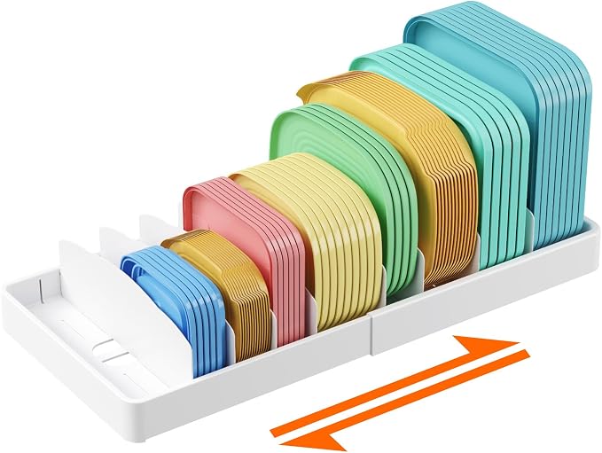 Lifewit Kitchen Cabinet Organizer for Food Contanier Lid with 9 Sections | Expandable Lid Holder with 8 Adjustable Dividers for Pantry Organizers and Storage, White, Extra Large, 13"-24"
