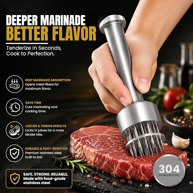 Stainless Steel Meat Tenderizer Tool with 21 Sharp Needles – Blade Tenderizer for Chicken, Beef, Steak – Heavy Duty Meat Pounder Hammer, Easy Grip Kitchen Gadget for Cooking & Chef Tools