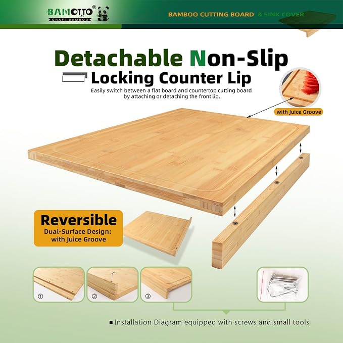 BAMOTTO CRAFTBAMBOO 18.9x22 Inch Extra Large Bamboo Cutting Board Over Sink | Non-Slip Detachable Lip | Reversible Juice Groove | Kitchen Noodle Board | RV Stovetop Cover | Turkey Carving