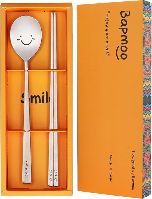 Korean Smiling Spoon and Chopsticks Set, Hangul Engraved Stainless Steel Tableware, Gift Ready Palace Inspired Box
