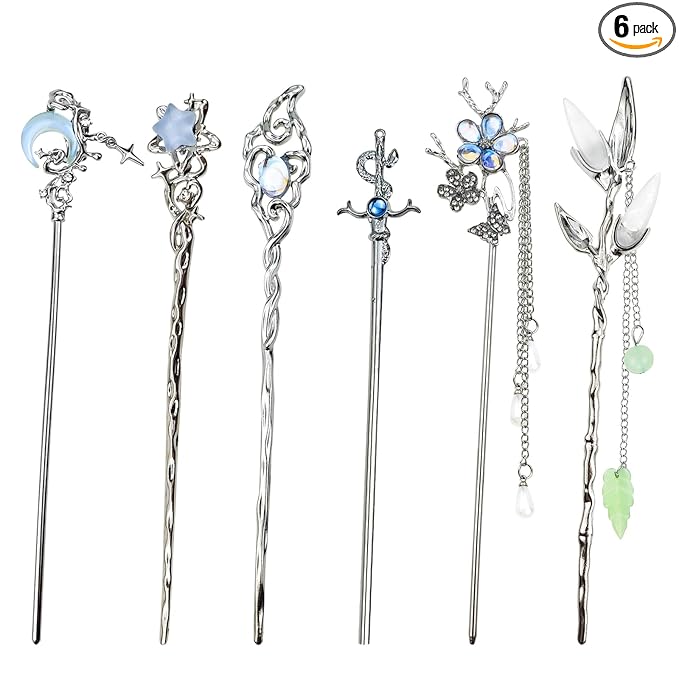 6PCS Star Moon Hair Sticks for Buns Long Hair Chinese Hanfu Asian Vintage Hair Chopsticks Metal Silver Hair Bun Updo Holders Long Hairpins for Women Girls
