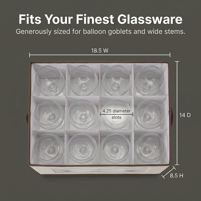 Household Essentials Wine Glass Storage Box in Strong Frame, Handles, Windowed Panel and 12 Compartments, Cream with Brown Trim