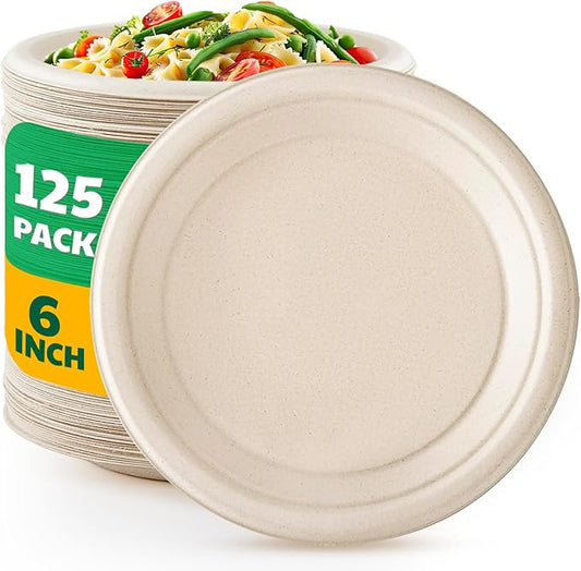 125 Count Compostable Paper Plates, 6 Inch Heavy Duty Disposable Plates by Biodegradable Bagasse, Dessert Plates Bulk for Party | Microwave-Safe | Soak-Resistant, Cut Resistant