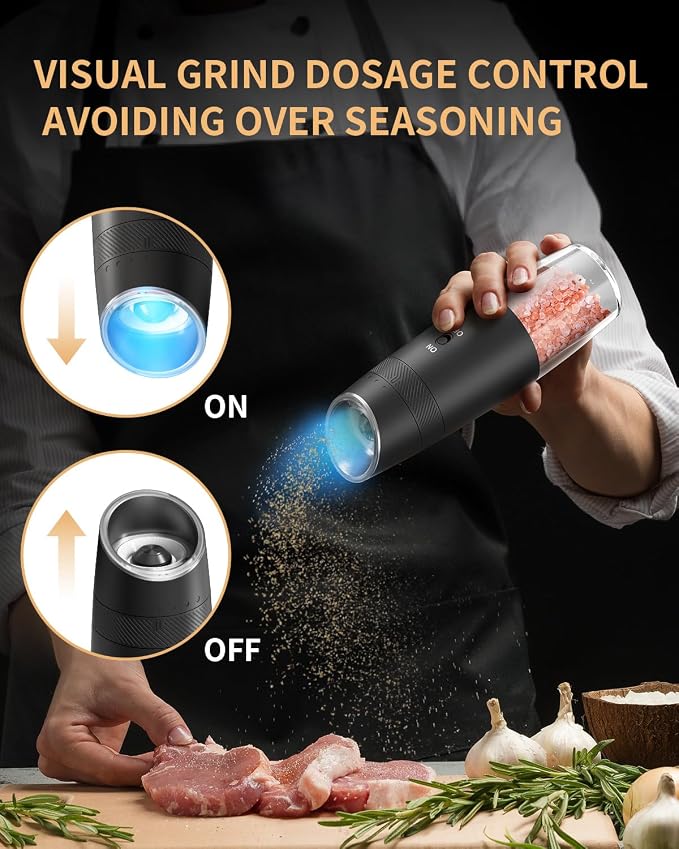 CIRCLE JOY Gravity Electric Salt and Pepper Grinder Set Automatic Shakers Upgraded Pepper Mill with Rechargeable Base, External Adjustable Coarseness, LED Light, Easy Refill for Kitchen & Outdoor