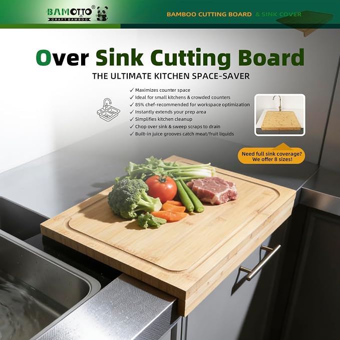 BAMOTTO CRAFTBAMBOO Bamboo Cutting Board for Kitchen 17.7"x12.6" Over-Sink | Detachable Front Lip | Reversible Dual Juice Grooves | Large Chopping Board for Bread Meat Vegetables
