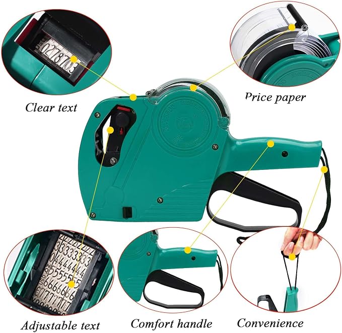 MX-5500 8 Digits Price tag Gun with 5000 Sticker Labels and 3 Ink Refill, Label Maker Pricing Gun Kit Numerical Tag Gun for Office, Retail Shop, Grocery Store (A/Green)