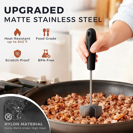 Stainless Steel Meat Chopper & Masher, Coinicxcel 10 Inch Heat Resistant Ground Beef Chopper Tool with 6 Curve Blades & Egonomic Non-Slip Handle, Heavy-Duty Hamburger Smasher Tool Dishwasher Safe