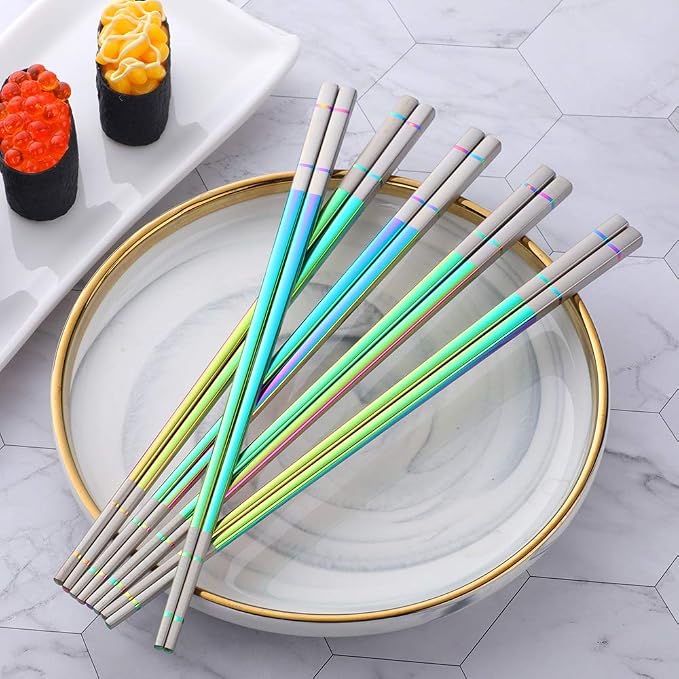Buyer Star 5-Pair Stainless Steel Metal Reusable Rainbow Chinese Square Chopsticks