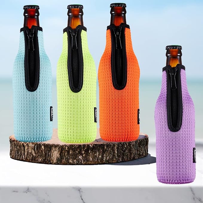 Beer Sleeve Insulators 12oz 330ml Standard Bottle Cooler Covers Zip-up Jacket Holder Non-slip Thick Neoprene Sleeves 4PC Pack (Orange/Green/Black/Light Blue)