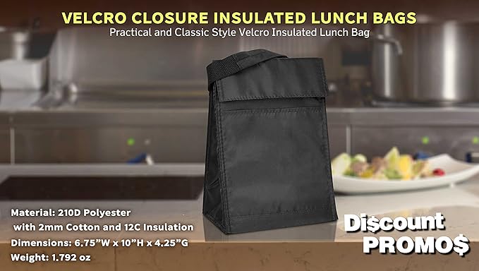 DISCOUNT PROMOS 10 Hook and Loop Insulated Lunch Bags Set - Polyester, Durable, Vibrant, Reusable - Black