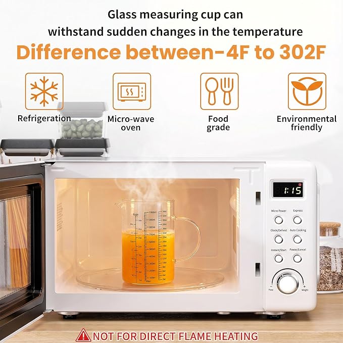 Graduated Glass Measuring Cup With Handle 1000ML (32Oz, 4Cups) | High Borosilicate Liquid Measuring Cup for Baking Cooking Kitchen V-Shaped Spout Glass Measuring Beaker Easy To Read