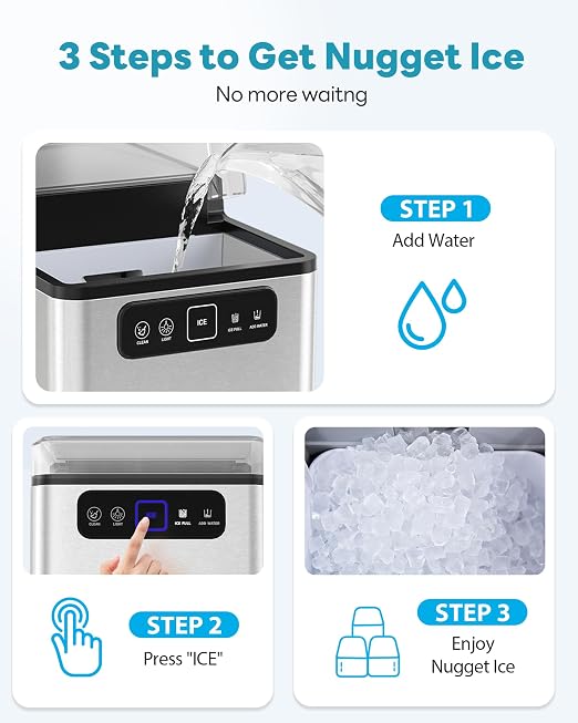 Nugget Ice Maker Countertop 40Lbs/24H Soft Chewable Ice Machine Pellet Crushed Ice Makers, One-Click Operation Auto Self-Cleaning Stainless Steel with Scoop for Home Kitchen Office, Silver