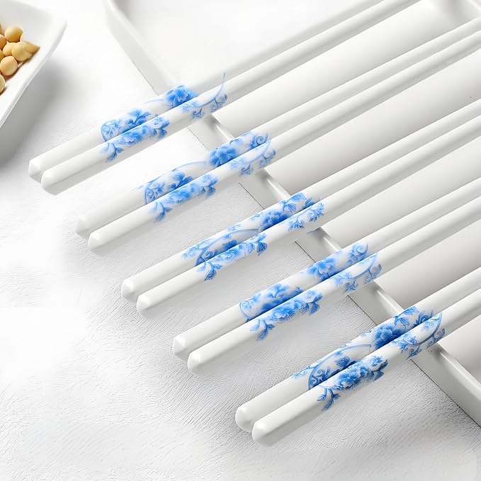 Ceramic Chopsticks Reusable 5PC,Porcelain Chop Sticks,Blue White,9.7'' | Easy to Clean,Dishwasher Safe,Heat Resistant,5 Pairs,with a Gift case,Cooking Chopsticks,High-grade Bone China Porcelain