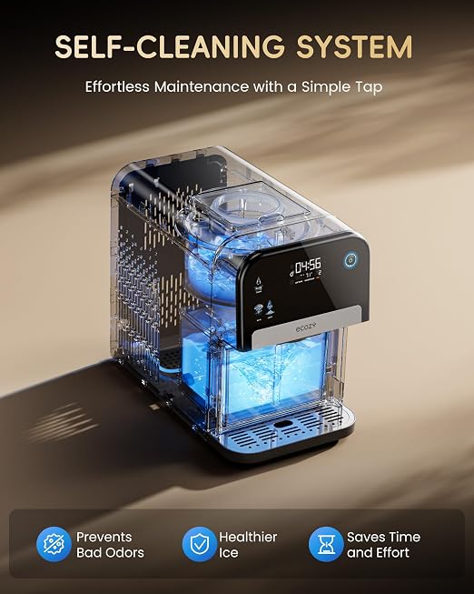ecozy Smart Nugget Ice Maker Dispenser Countertop with App & Voice Control | 2-in-1 Pebble Ice Maker & Water Dispenser, Sonic Crushed Ice Machine, Self-Clean, TDS Monitor, Measured Dispensing, 33Lbs/Day