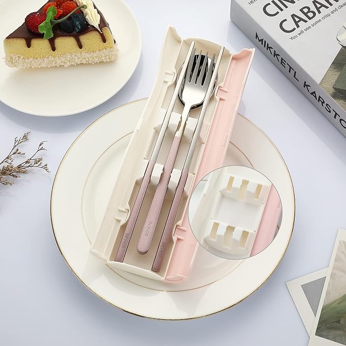 DEVICO Travel Utensils with Case, 4 Piece Portable Silverware Set for Work | 18/8 Stainless Steel Reusable Travel Cutlery Set, Korean Chopsticks Fork and Spoon Set for Lunch Box/Camping/Picnic/Dorm,Pink