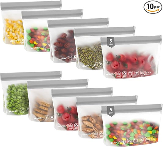 IDEATECH 10Pack Reusable Snack Bags Dishwasher Safe, BPA Free Food Storage Freezer Bags, Small Reusable Resealable Baggies for Cookies, Candy (10Snack, Grey)