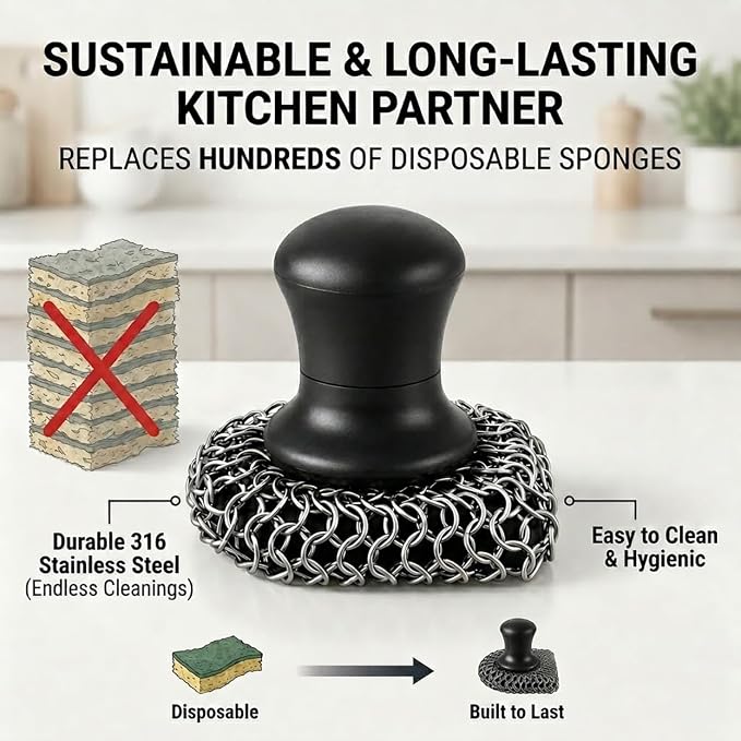 Cast Iron Scrubber and Scraper | 316 Chainmail Scrubber for Cast Iron Pan | Chain Mail Scrubber for Cast Iron Skillet Cleaner | Dishes Pots Wok Griddle Grill | Dish Scouring Pad Dishwasher Safe, Black1