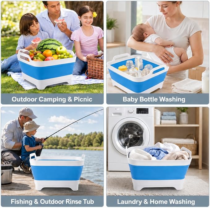 2.4 Gal(9L) Collapsible Dish Basin with Drain Plug, Space Saving Outdoor Multiuse Foldable Sink Tub, Dishpan, Kitchen Storage Tray for Camping, Vegetable Washing, RV (Blue)