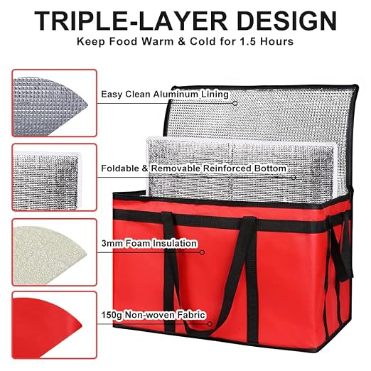 2-Pack Insulated Food Delivery Bag with Hard Bottom, XXX-Large Commercial Food Warmer, Insulated Reusable Grocery Cooler/Hot Bags, Tote Bag for Shopping/Travel, Red