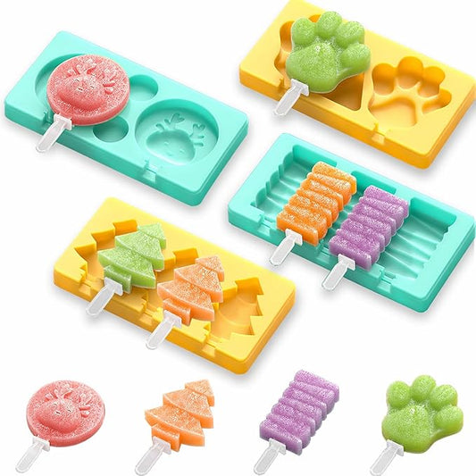 Kids Cartoon Popsicle Molds - 4 Pack, 10-Cavity Food-Grade Silicone Ice Pop Cream Molds, with Reusable Sticks, Non-Stick Flat Design, Easy Release, Stackable for Space Saving