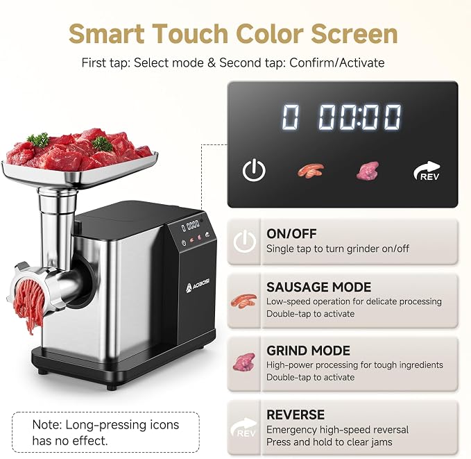 AAOBOSI Electric Meat Grinder 3000W w/Touch Screen & Auto-Reverse | 3 Plates, Built-in Storage, Sausages, Kibbe, Raw Pet Food at Home Use, LFGB Approved, 4lbs/min, Low Noise, Easy Cleanup
